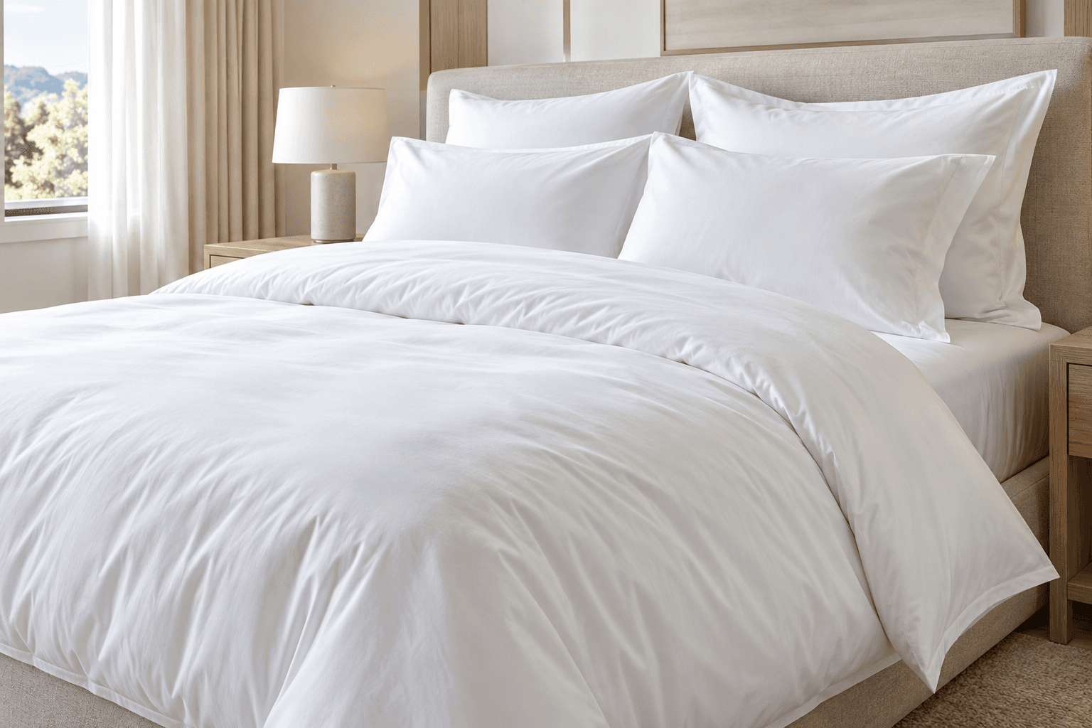 Crisp white sheets, pillows and duvet in a bright neutral bedroom